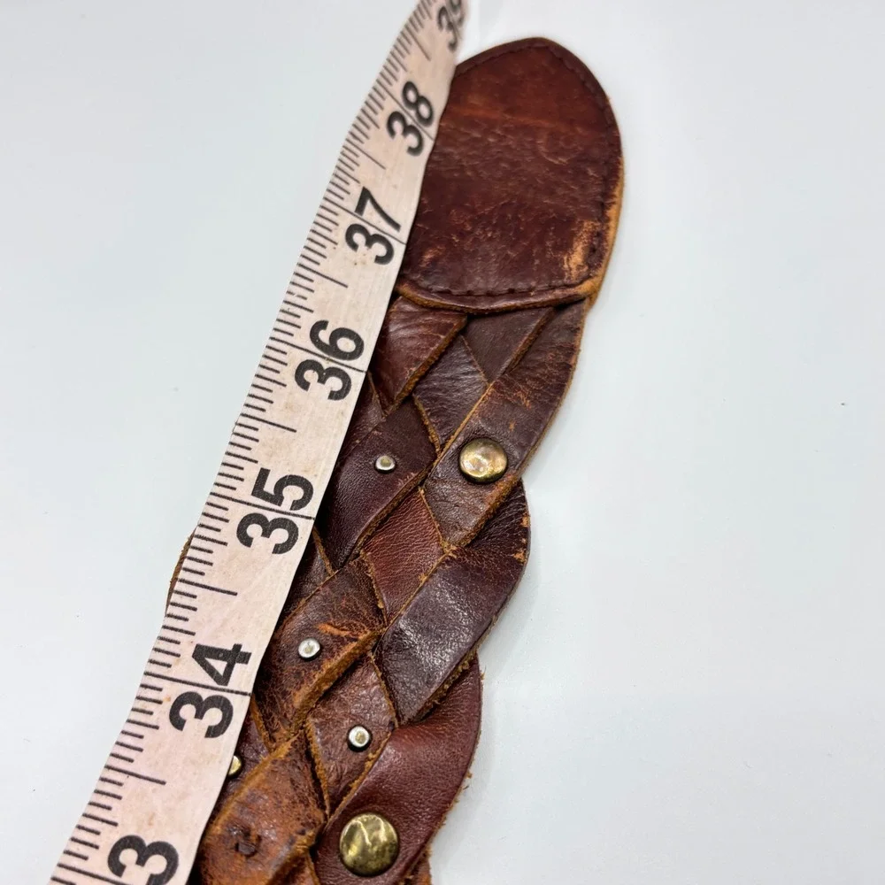 Vintage Wide Braided‎ Brown Leather Studded Belt Round Buckle Mahogany 1.75in OS